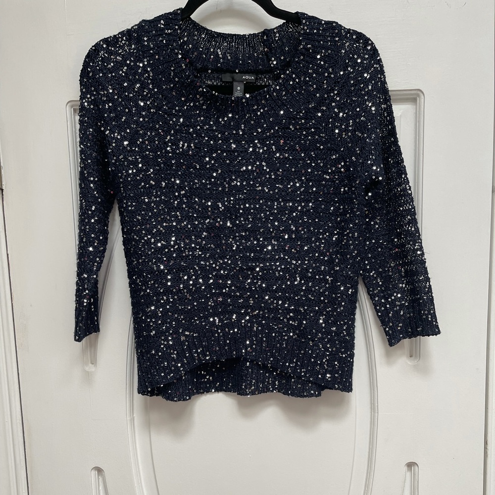 Aqua‎ Navy Sequined High Low Sweater Size XS